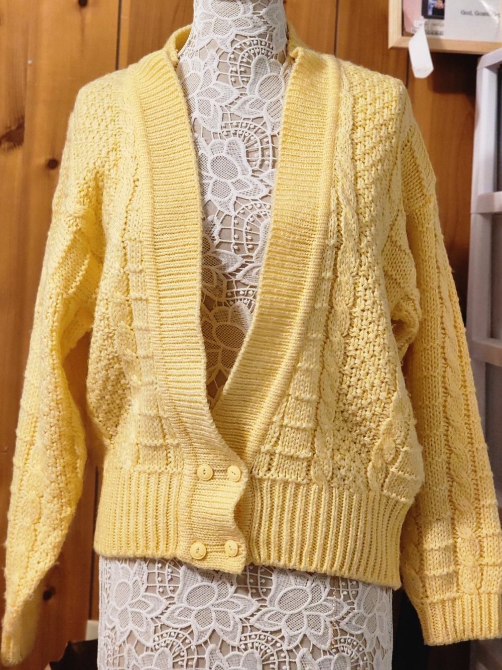Vintage Chaus Butter Yellow Mixed CableSoft Knit Yellow Women's Cardigan Sweater